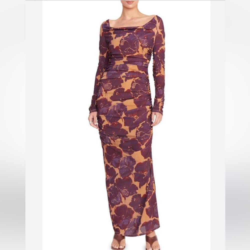 STAUD Solana Floral Print Long Sleeve Maxi Dress Dried Pressed Flowers NWT